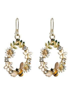 Vintage Style Cute Bee and Flower Enameled Dangle Earrings